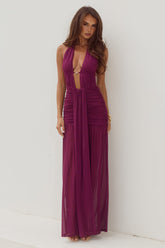 ADRIANNA PLUNGE RUCHED MAXI DRESS - PLUM