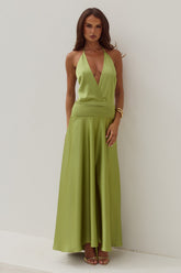 AMADINE DEEP V PLUNGE MAXI DRESS - OLIVE
