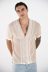 BENNET SHORT SLEEVE KNIT SHIRT - SAND/WHITE