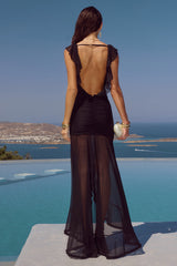 BLYTHE V-NECK FRILL MAXI DRESS - BLACK