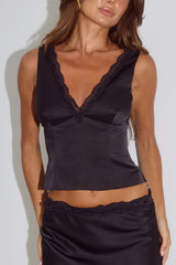 AMARA V-NECK LACE TRIM TOP - BLACK