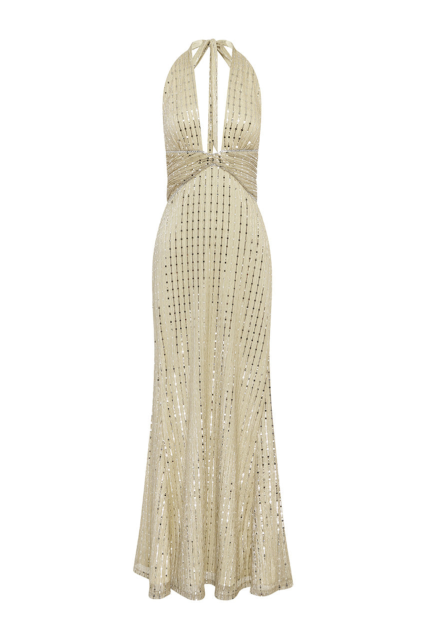 ANNETTE PLUNGE V-NECK MAXI DRESS - CHAMPAGNE