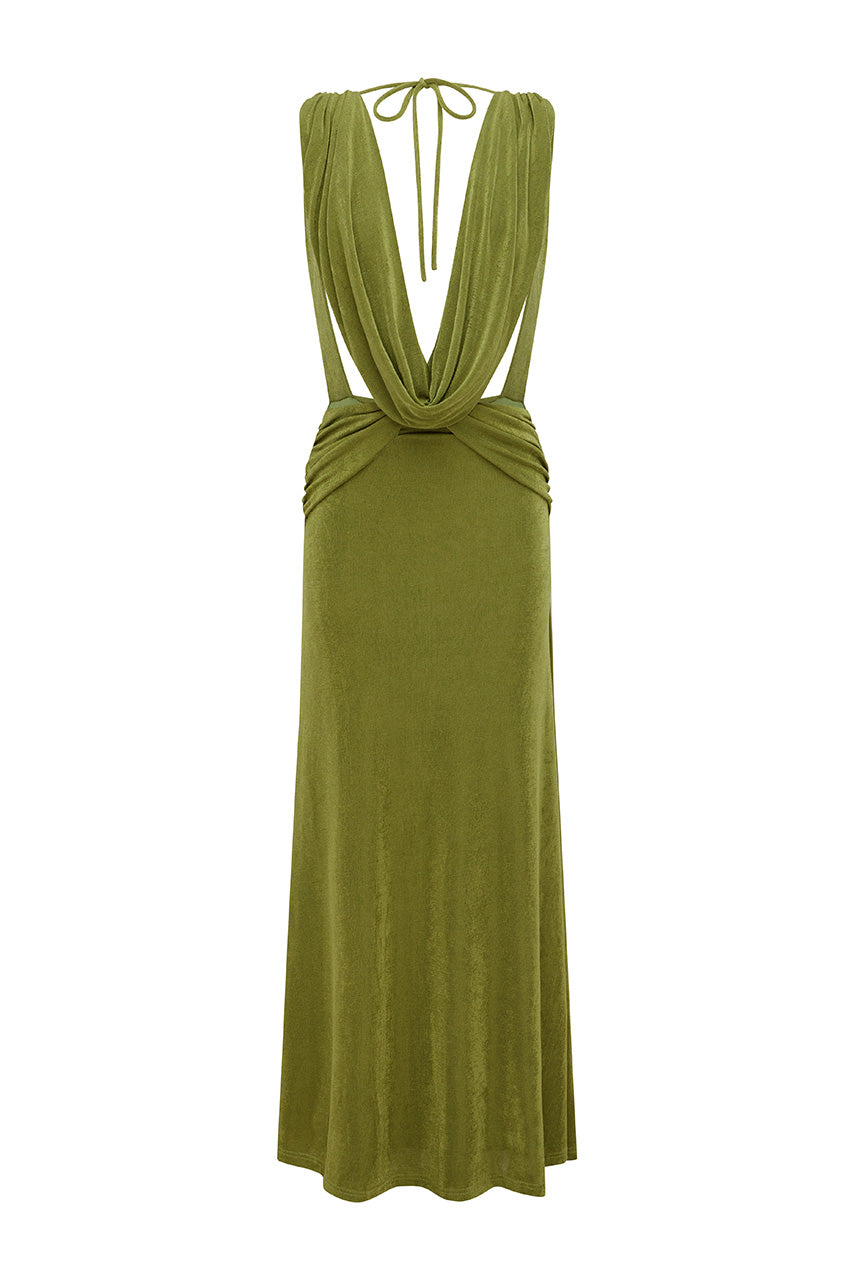 ARALIA PLUNGE COWL BACK MAXI DRESS - PALM