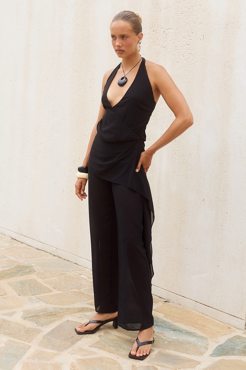 ARIANA HALTER OPEN BACK JUMPSUIT - BLACK