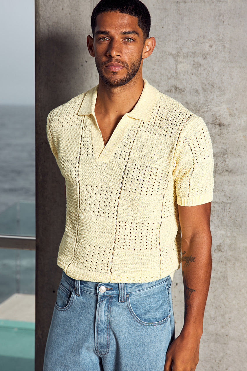 ATLAS SHORT SLEEVE POLO KNIT TOP - LEMON