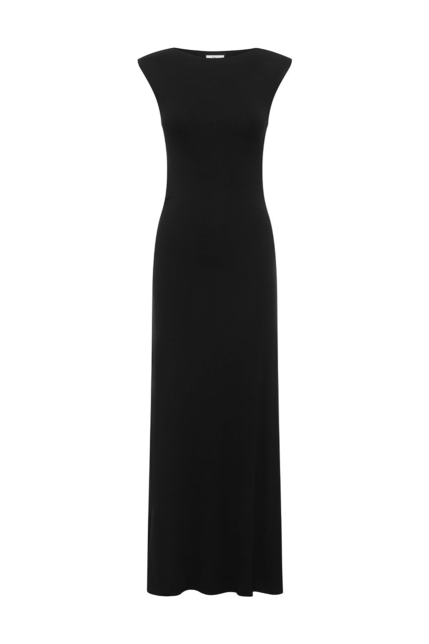 CLOVER BOAT NECK CUTOUT MAXI DRESS - BLACK