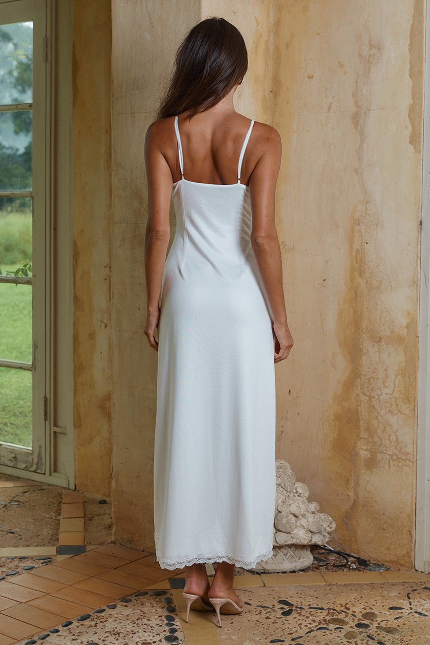 EMILY LACE TRIM CAMISOLE MIDI DRESS - WHITE/MUSK POLKA